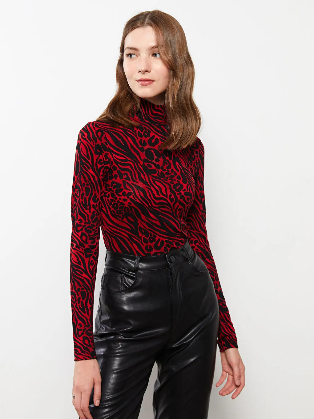 High Collar Patterned Long Sleeve Crepe Women's T-Shirt