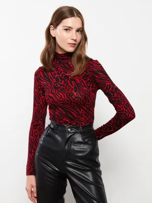 High Collar Patterned Long Sleeve Crepe Women's T-Shirt