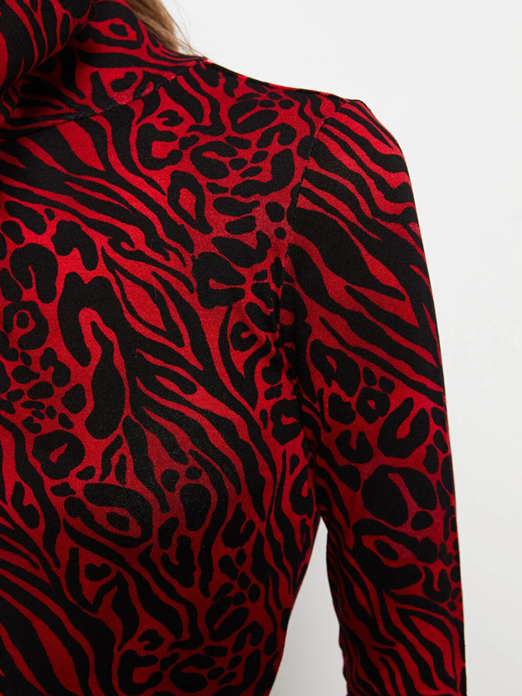 High Collar Patterned Long Sleeve Crepe Women's T-Shirt