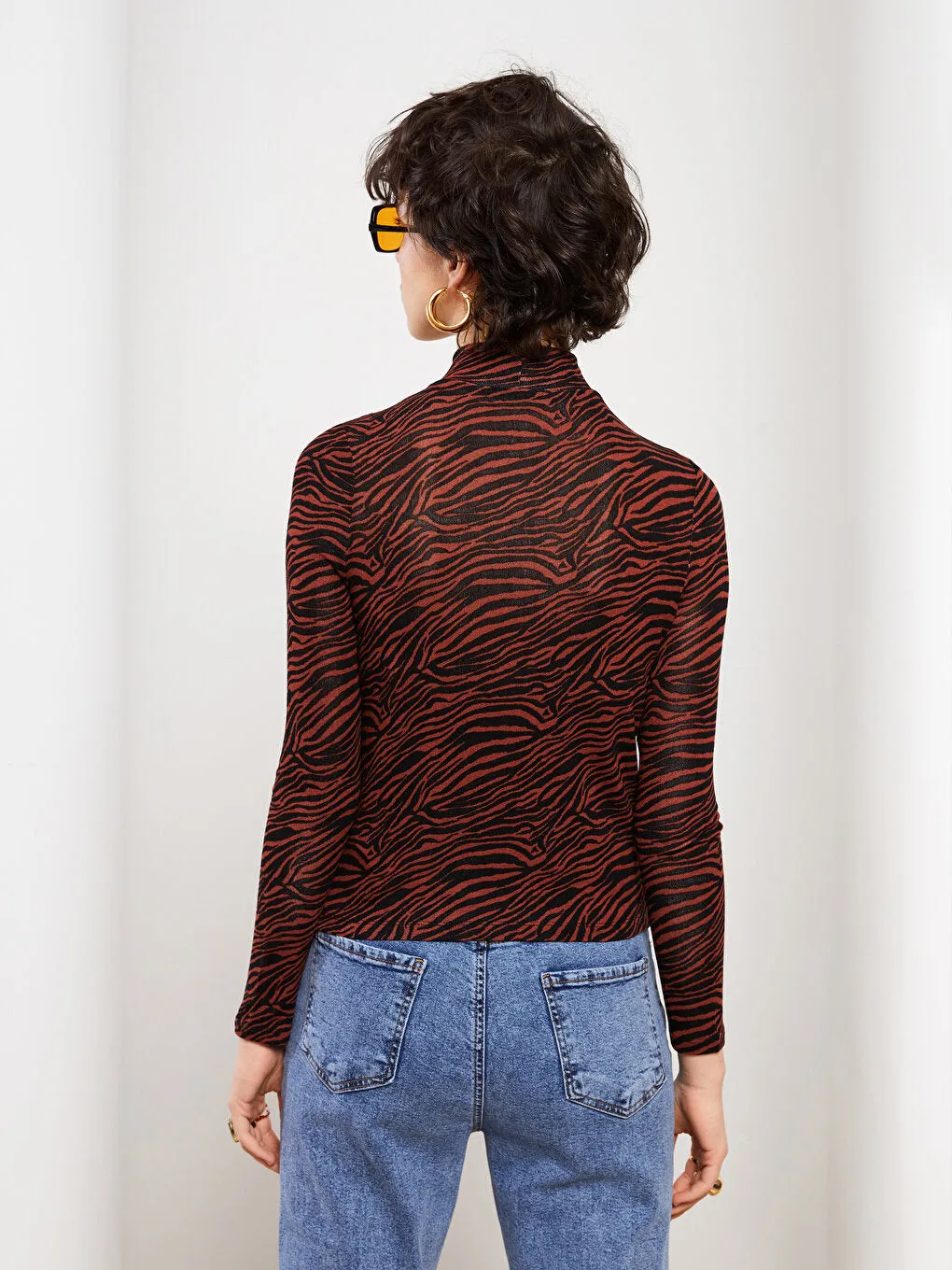 High Collar Patterned Long Sleeve Women's T-Shirt