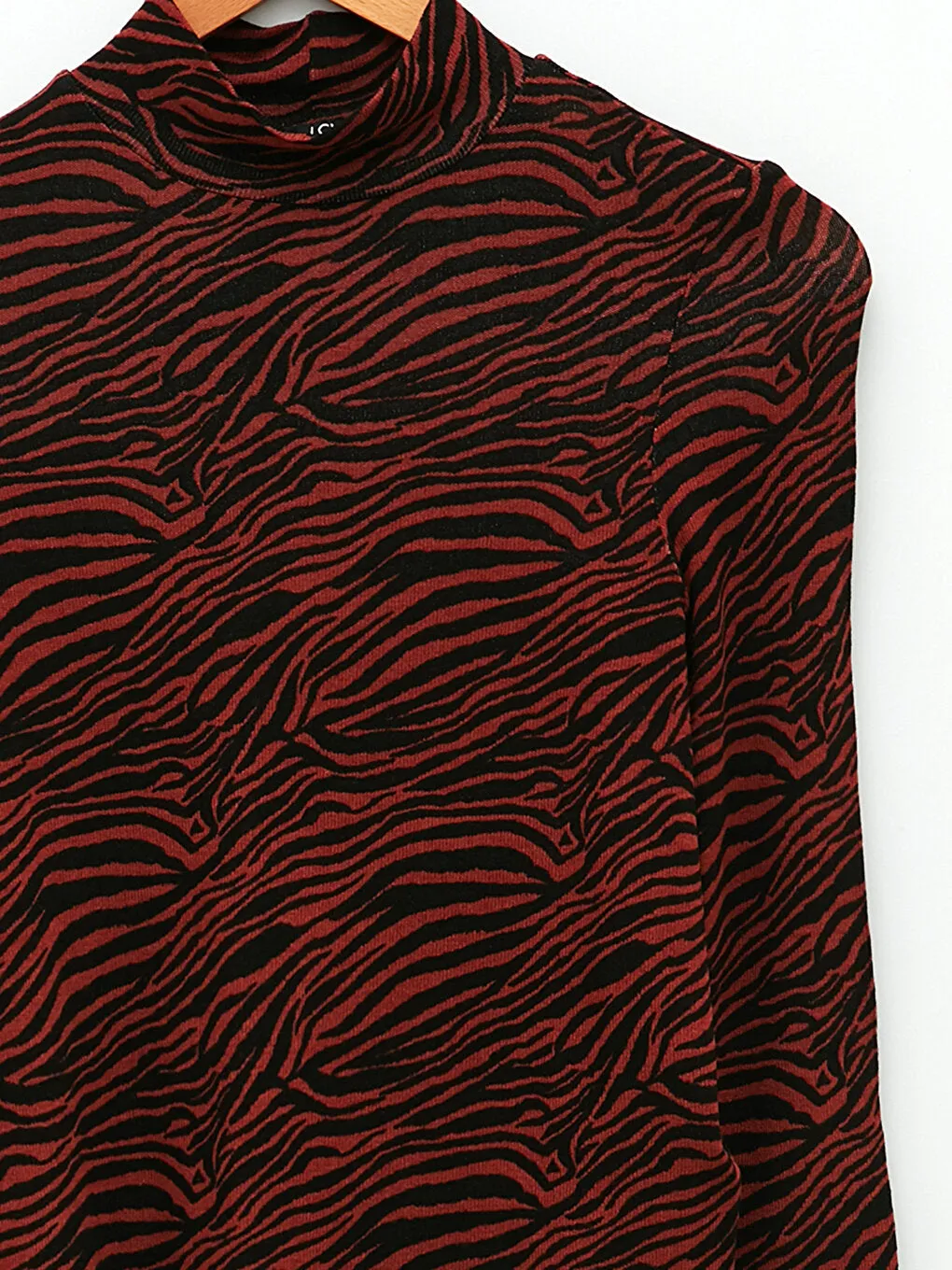 High Collar Patterned Long Sleeve Women's T-Shirt