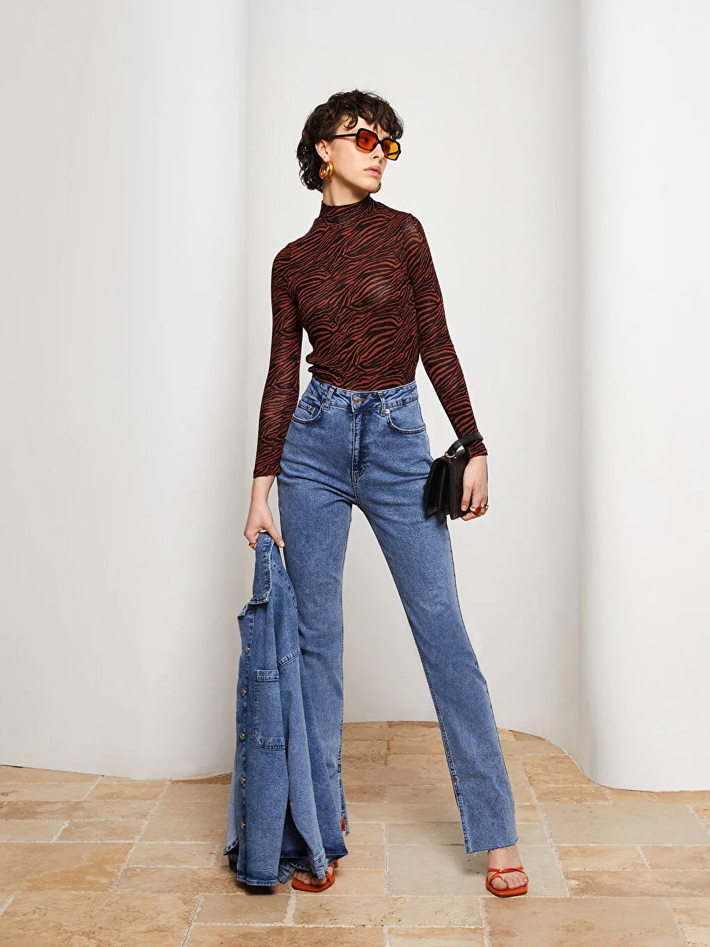 High Collar Patterned Long Sleeve Women's T-Shirt