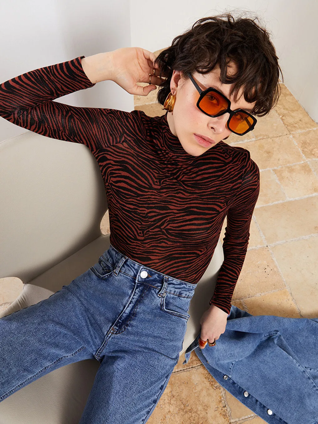 High Collar Patterned Long Sleeve Women's T-Shirt