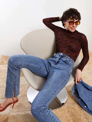 High Collar Patterned Long Sleeve Women's T-Shirt
