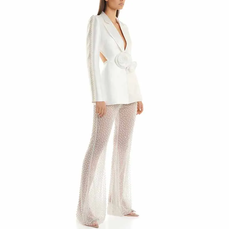 Hollowed Wedding Pantsuit with Pearls Event Set Formal Suits