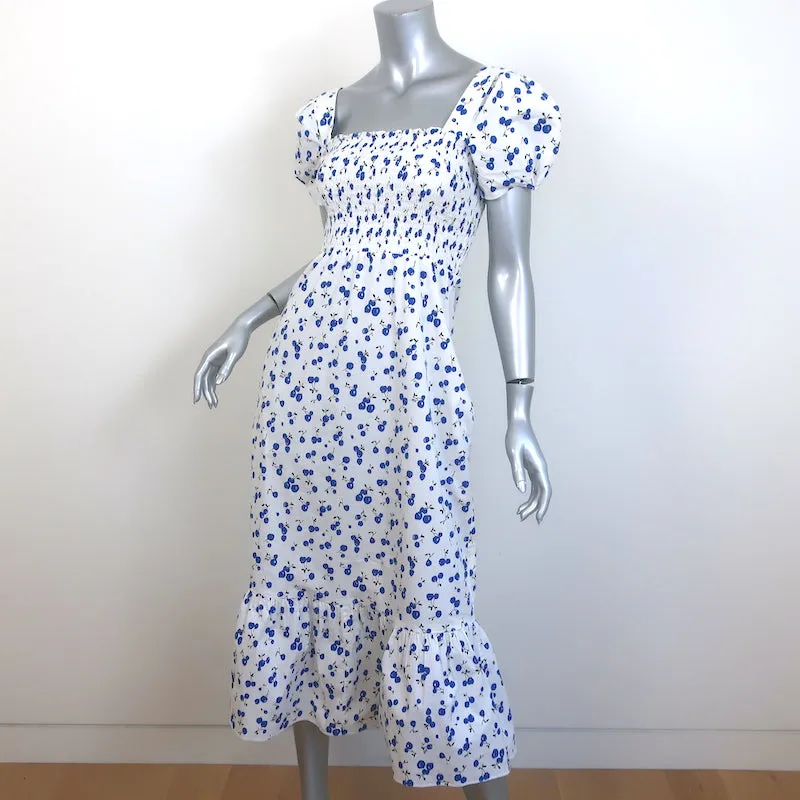 HVN Puff Sleeve Midi Dress White Cherry Print Smocked Stretch Cotton Size 0