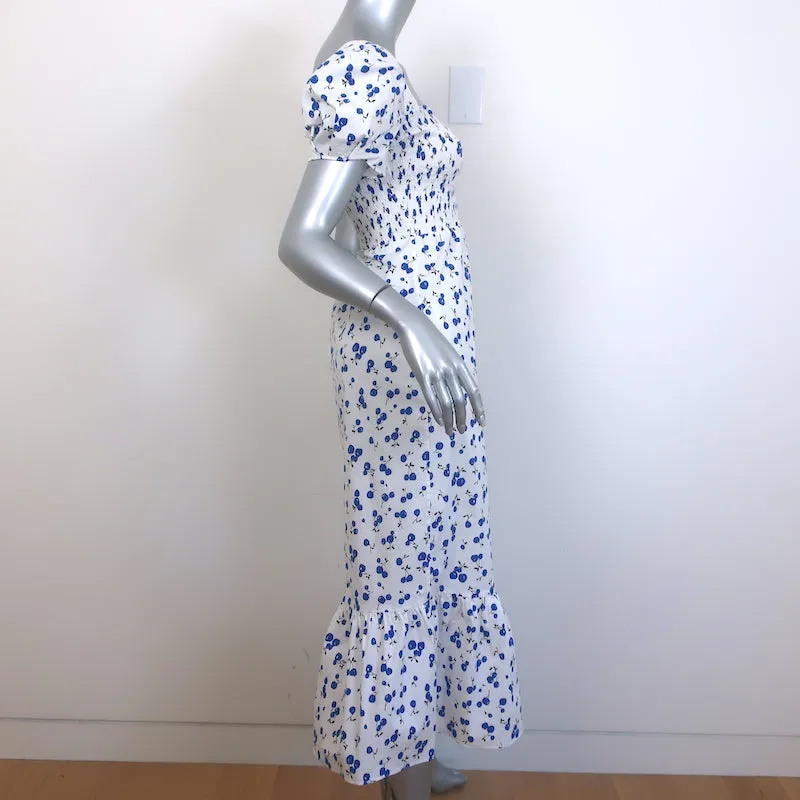 HVN Puff Sleeve Midi Dress White Cherry Print Smocked Stretch Cotton Size 0