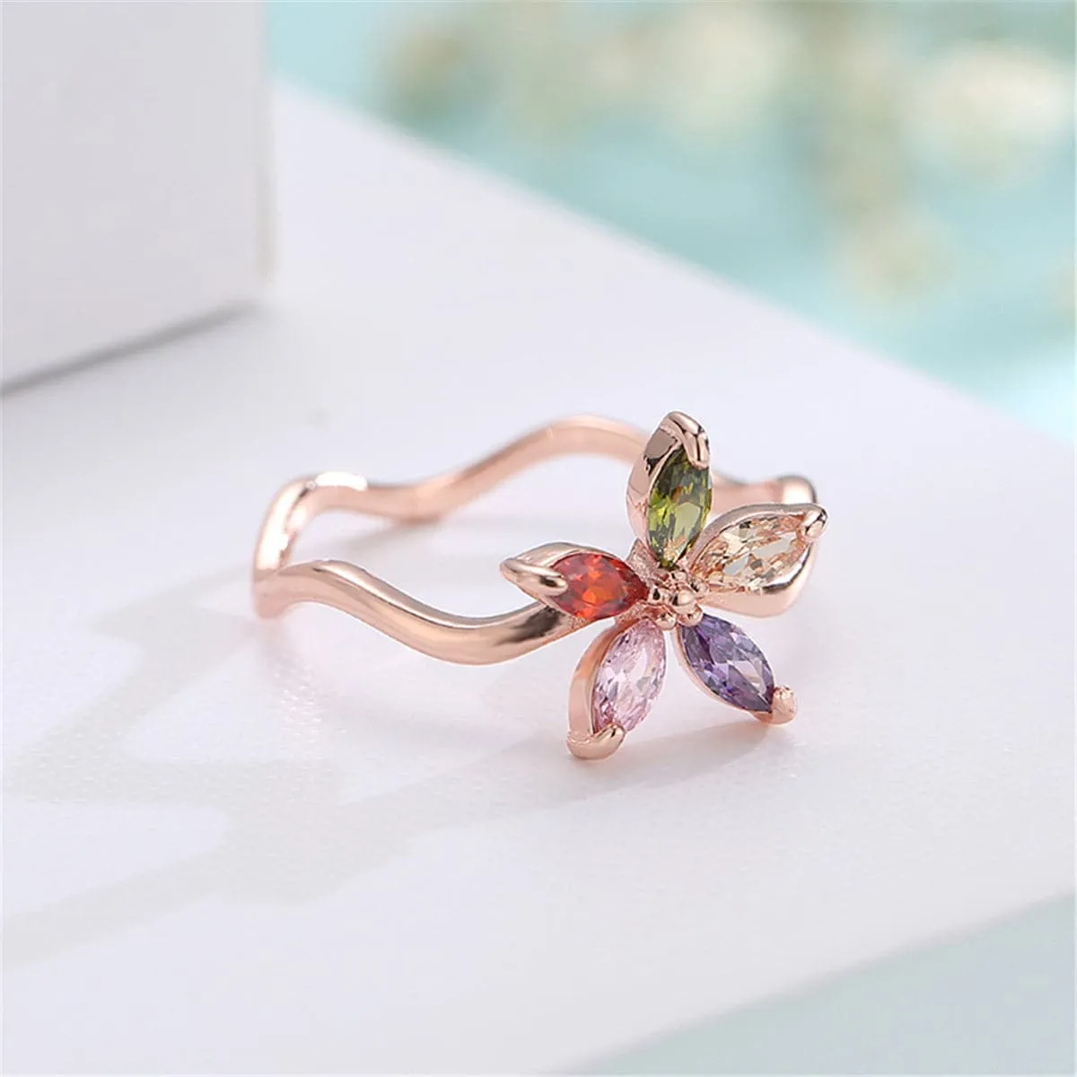 Jewel-Tone Crystal & 18K Rose Gold-Plated Floral Weave Ring