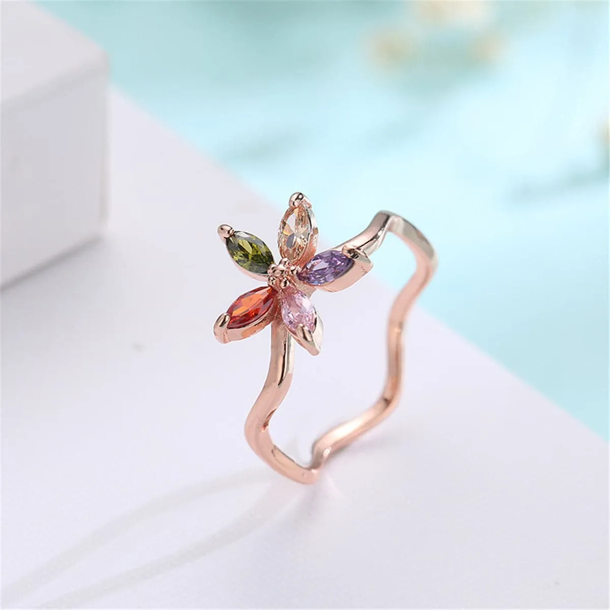 Jewel-Tone Crystal & 18K Rose Gold-Plated Floral Weave Ring
