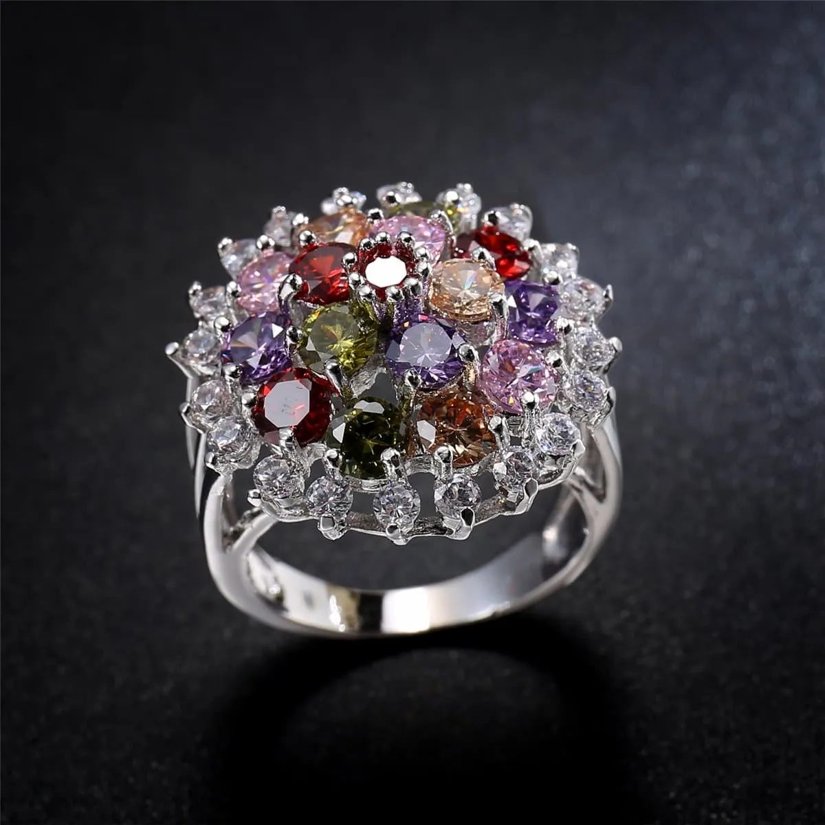 Jewel-Tone Cubic Zirconia & Silver-Plated Sunflower Ring
