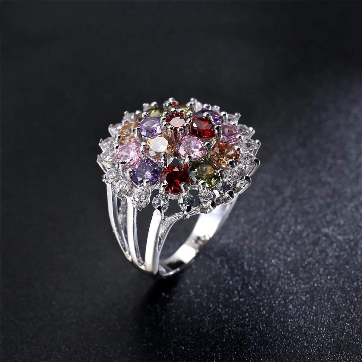 Jewel-Tone Cubic Zirconia & Silver-Plated Sunflower Ring