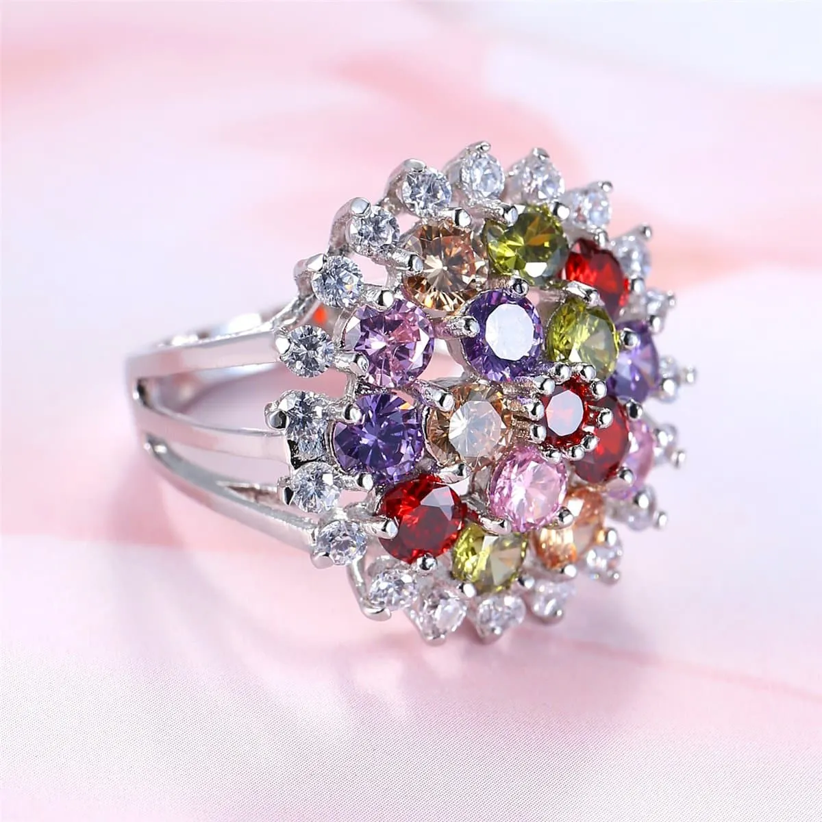 Jewel-Tone Cubic Zirconia & Silver-Plated Sunflower Ring