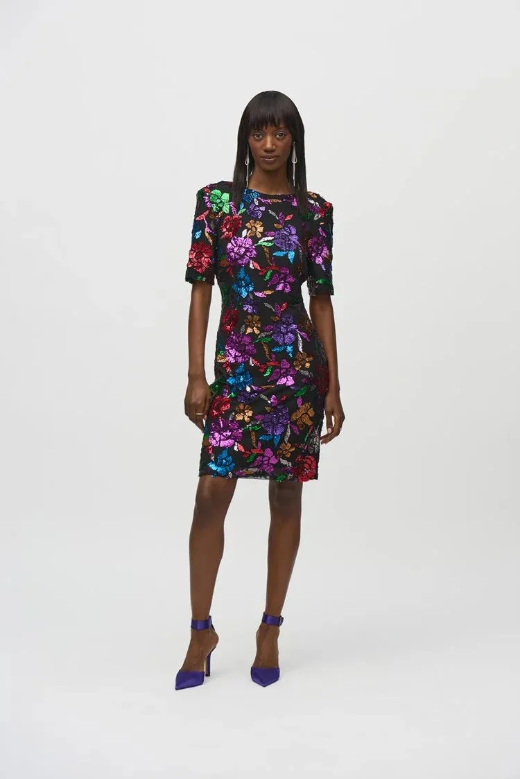 Joseph Ribkoff Sequined Mesh Floral Print Sheath Dress