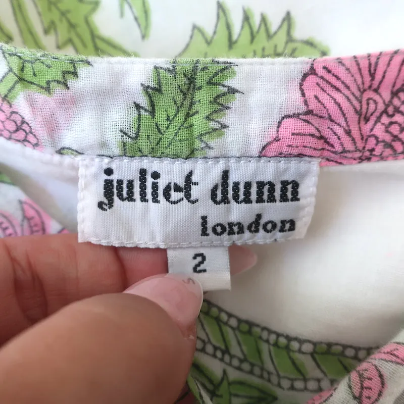 Juliet Dunn Flare Sleeve Dress White/Pink Poppy Print Cotton Size 2