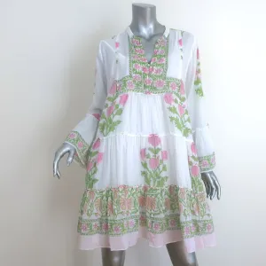 Juliet Dunn Flare Sleeve Dress White/Pink Poppy Print Cotton Size 2
