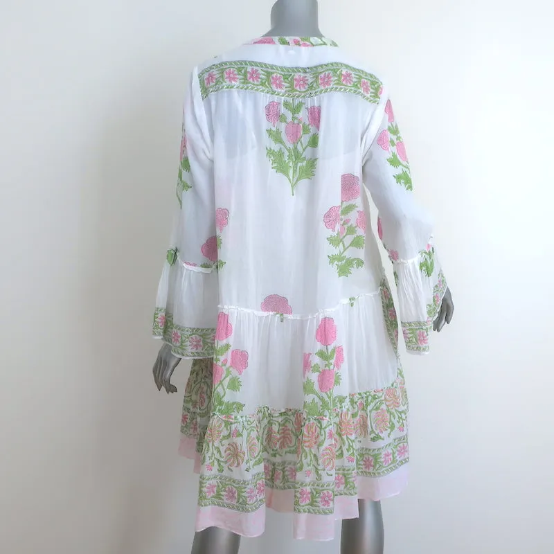 Juliet Dunn Flare Sleeve Dress White/Pink Poppy Print Cotton Size 2