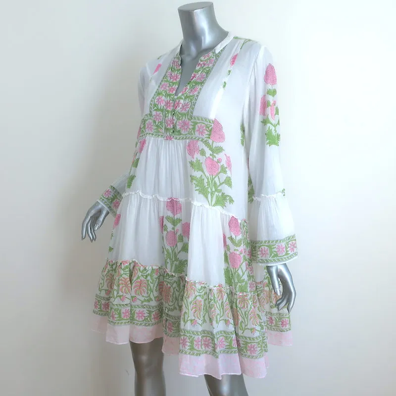 Juliet Dunn Flare Sleeve Dress White/Pink Poppy Print Cotton Size 2
