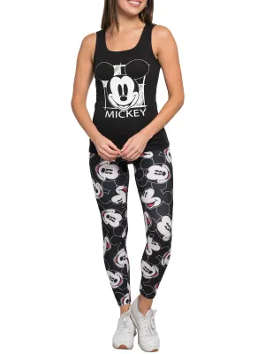 Juniors Women Mickey Mouse Tank Top Smiles & AOP Mickey Faces Leggings Black