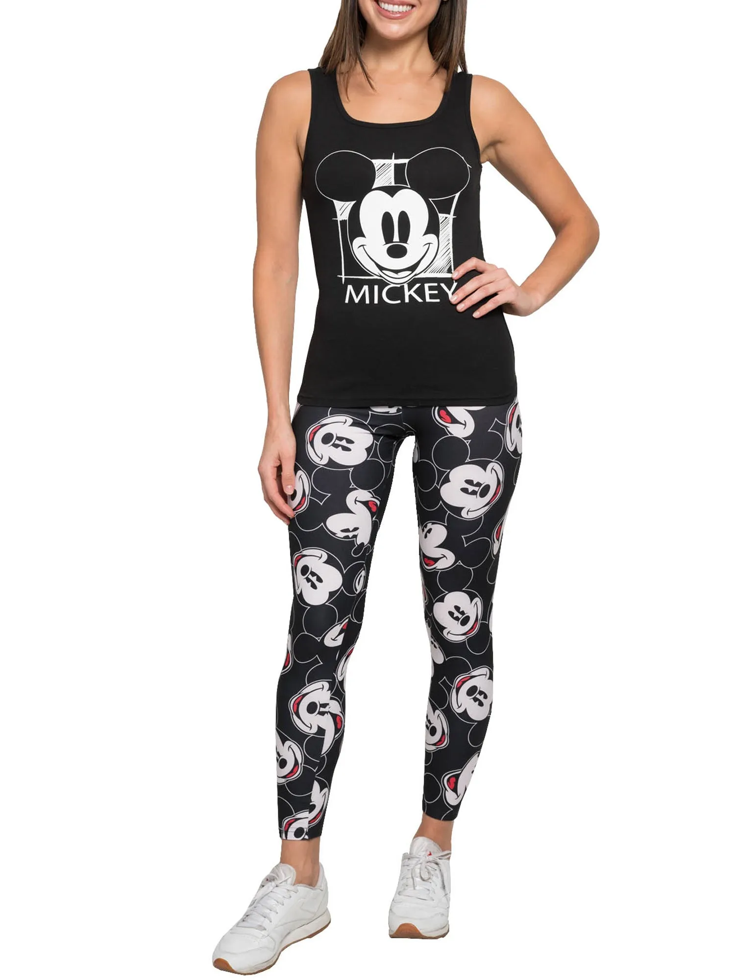 Juniors Women Mickey Mouse Tank Top Smiles & AOP Mickey Faces Leggings Black