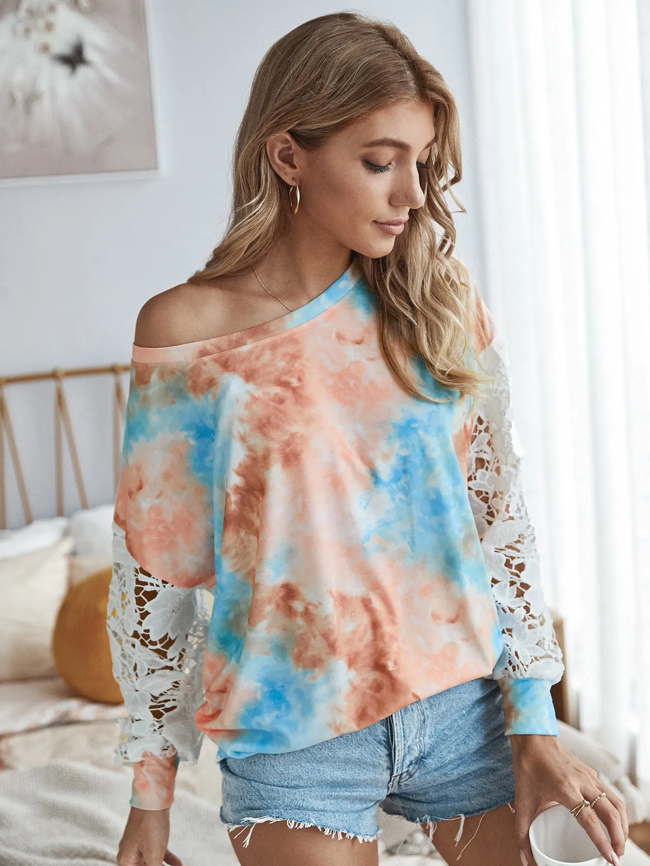 Lace Hollow-out Stitching Tie Dye Blouse T-shirt