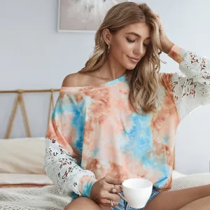Lace Hollow-out Stitching Tie Dye Blouse T-shirt