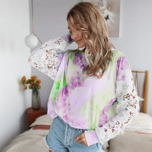 Lace Hollow-out Stitching Tie Dye Blouse T-shirt