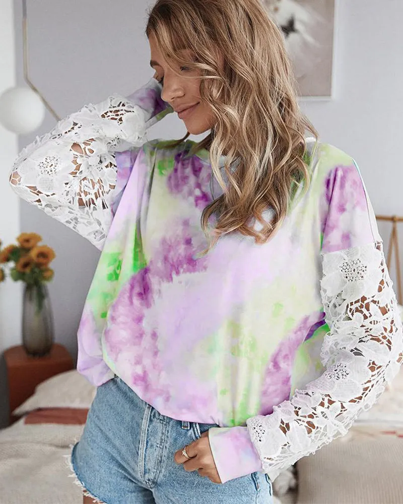 Lace Hollow-out Stitching Tie Dye Blouse T-shirt