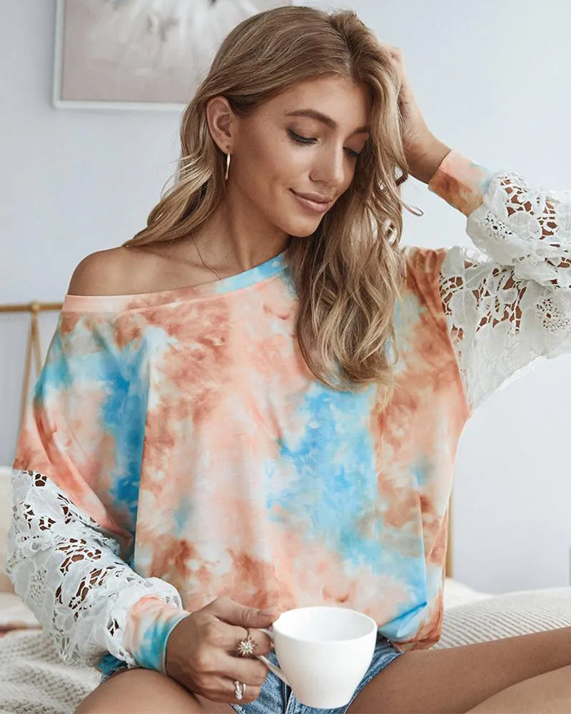 Lace Hollow-out Stitching Tie Dye Blouse T-shirt