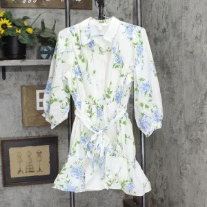 LC Lauren Conrad Womens Patterned Button Up Belted Dress White Multi S