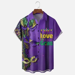 Mardi Gras Art Mask Purple Chest Pocket Hawaiian Shirt
