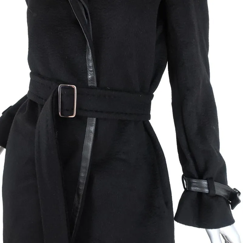 Max Mara Coat Black Leather-Trim Camel Hair Size 38 US 4 Belted Jacket