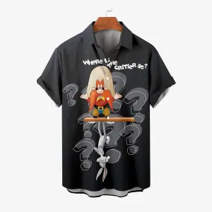 Men's Classic Christmas Cartoon Print Chest Pocket Short Sleeve Shirt