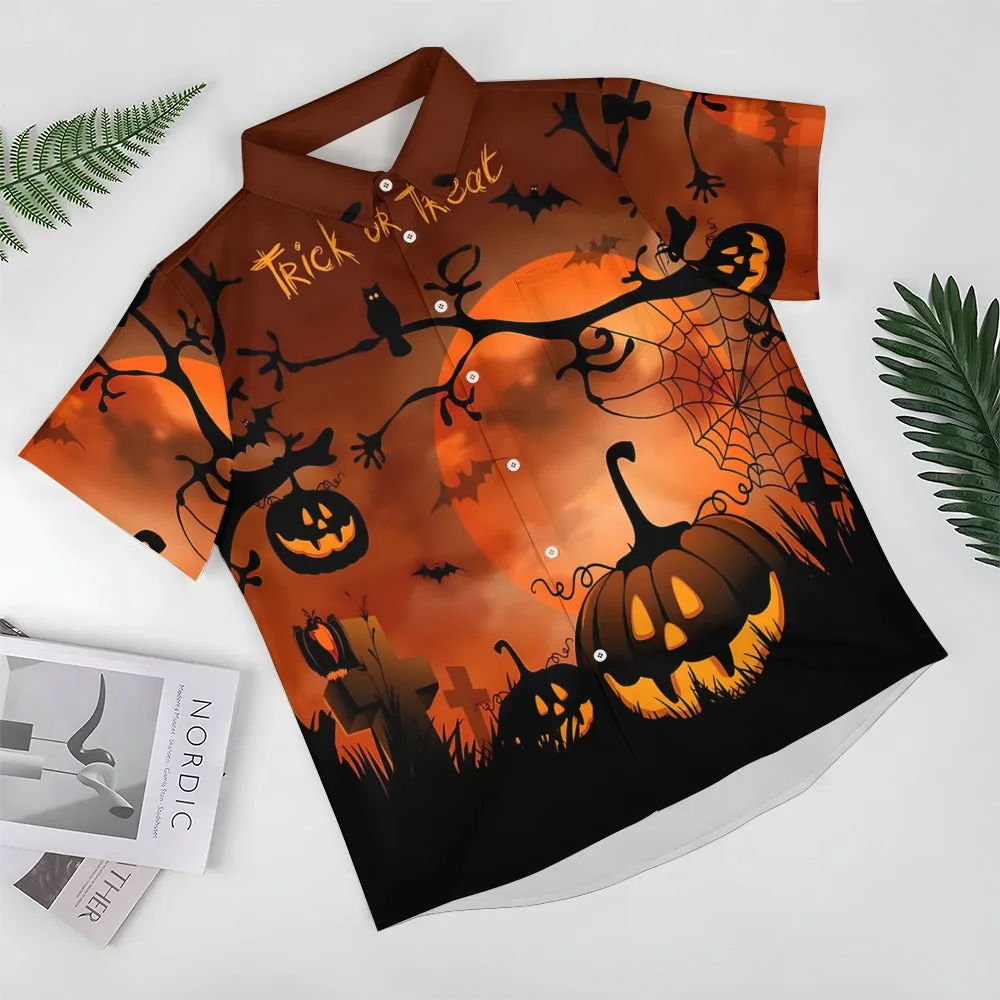 Mens Halloween Bats & Pumpkin Print Short Sleeve Shirt 2406000691