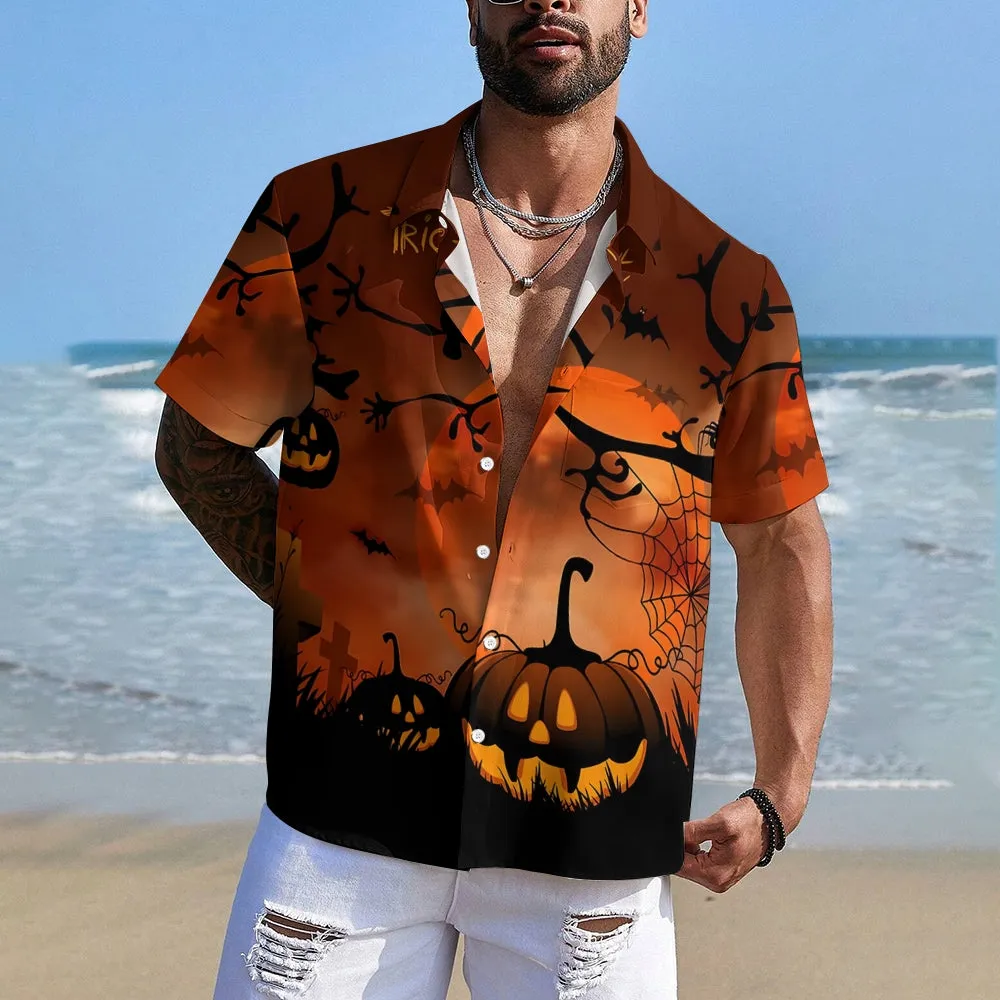 Mens Halloween Bats & Pumpkin Print Short Sleeve Shirt 2406000691