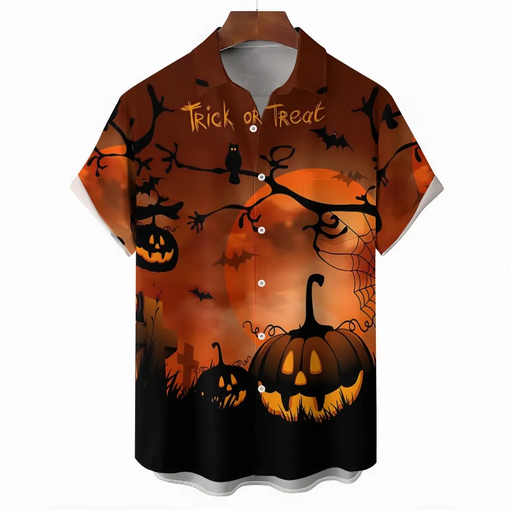 Mens Halloween Bats & Pumpkin Print Short Sleeve Shirt 2406000691