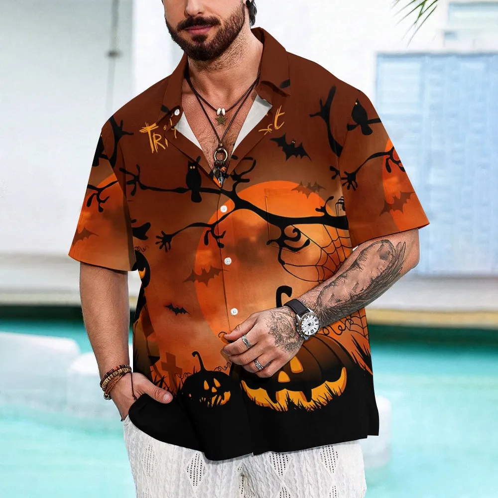 Mens Halloween Bats & Pumpkin Print Short Sleeve Shirt 2406000691