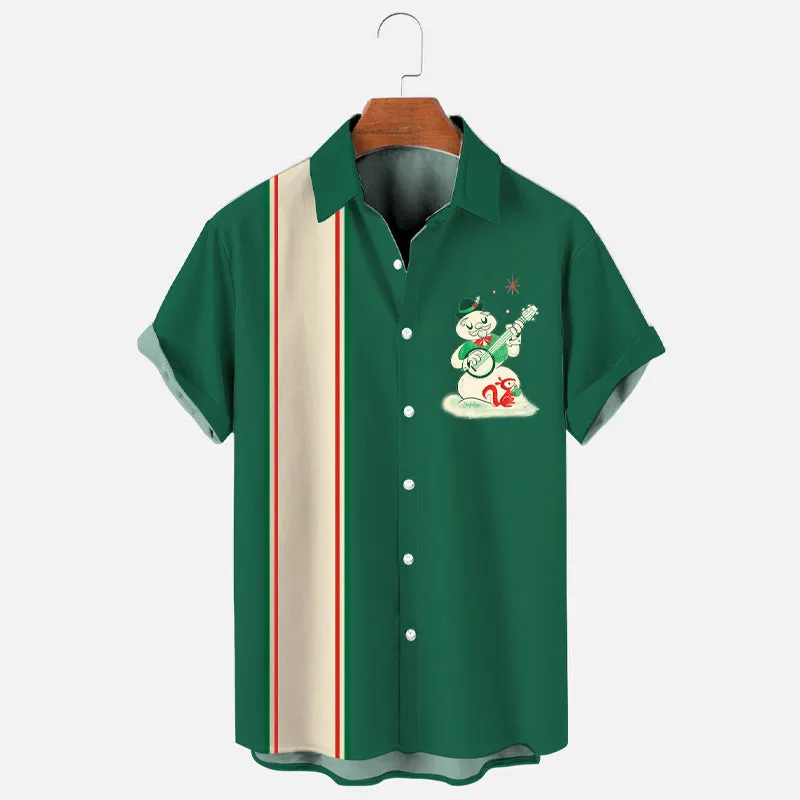 Men's Retro Christmas Cartoon Snowman Print Bowling Shirt