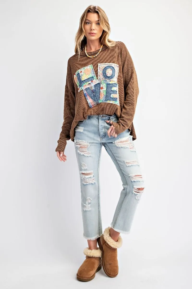 Mocha Love Patch Rib Knit Mineral Washed Top