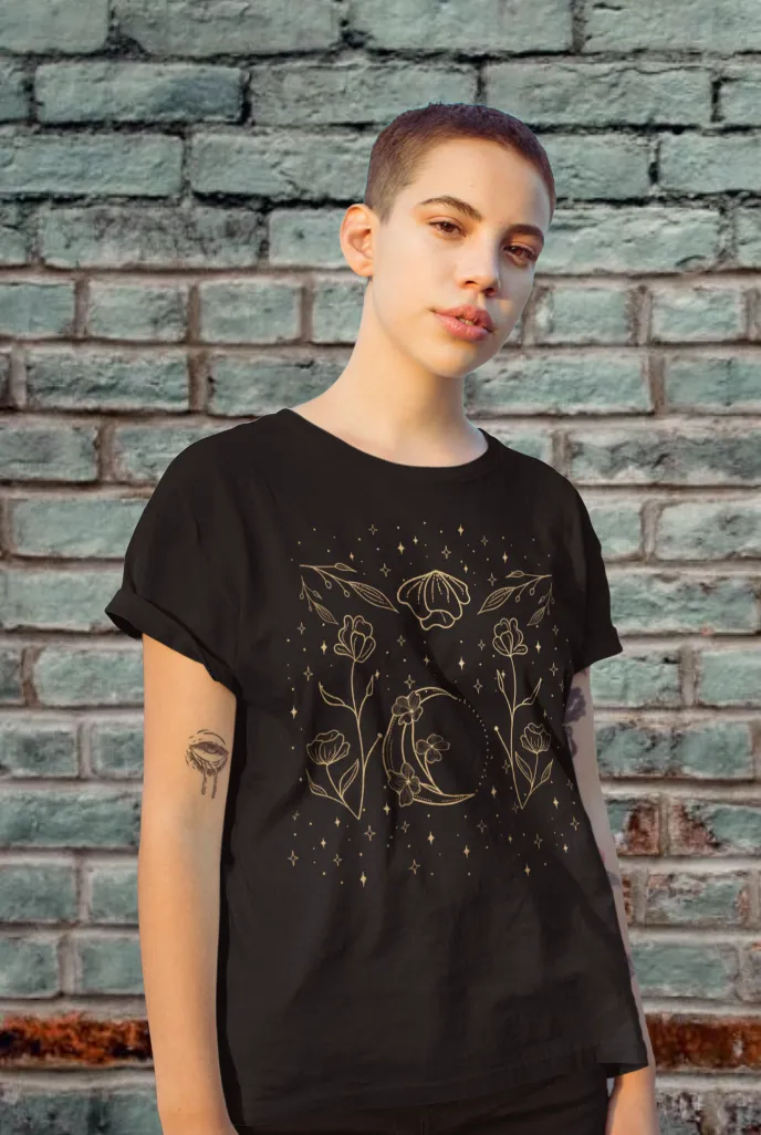 Moon Floral Black Tee, Witch Shirt, Unisex Jersey Short Sleeve Tee
