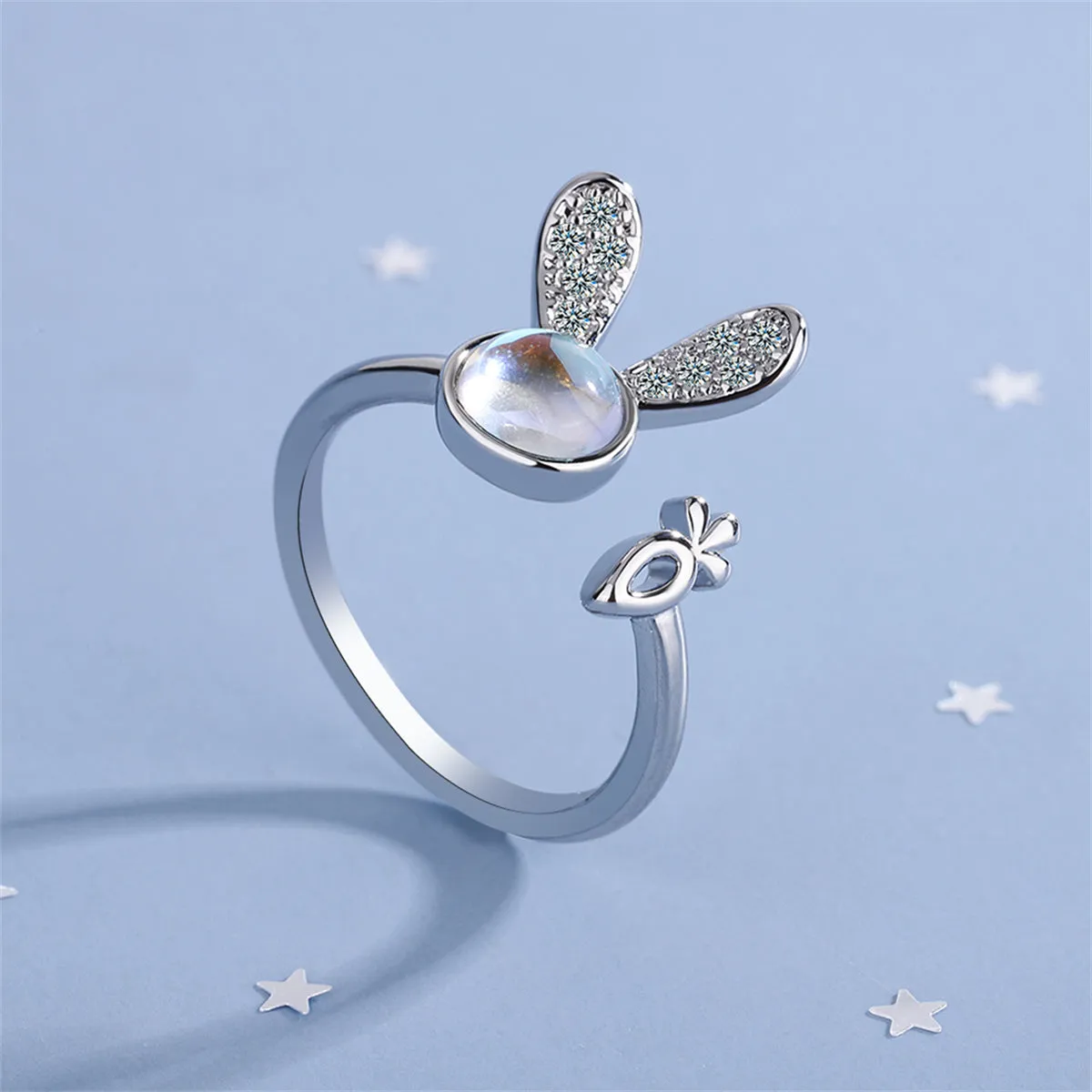 Moonstone & Cubic Zirconia Silver-Plated Rabbit Bypass Ring