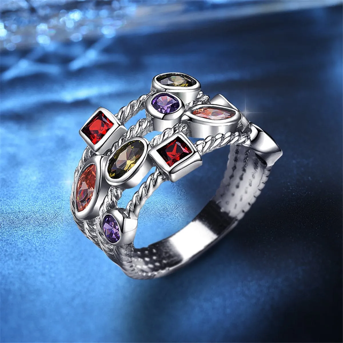 Multicolor Crystal & Silver-Plated Geometry Band Ring