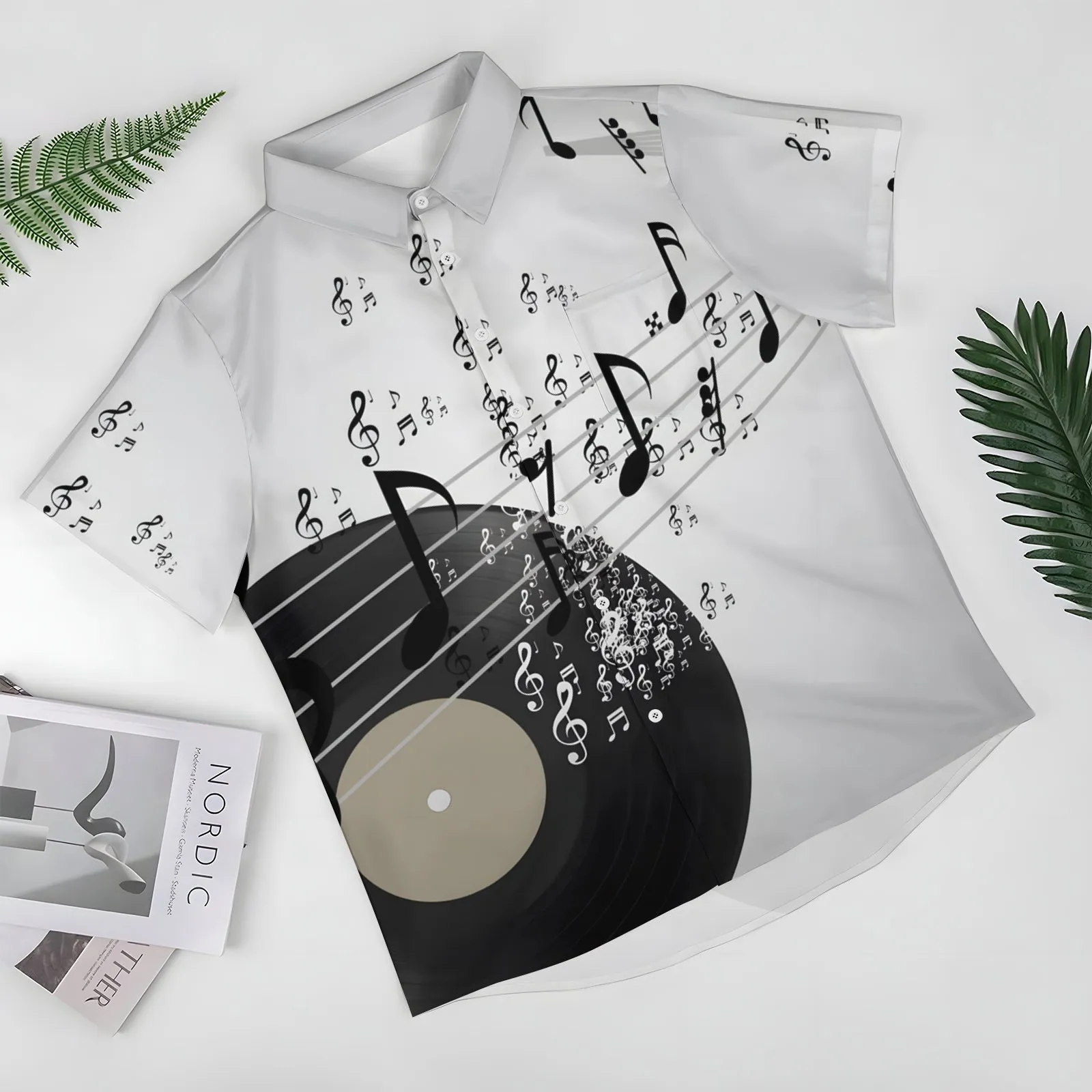 Musical Notes Vinyl Record Print Casual Short Sleeve Shirt 2404000648