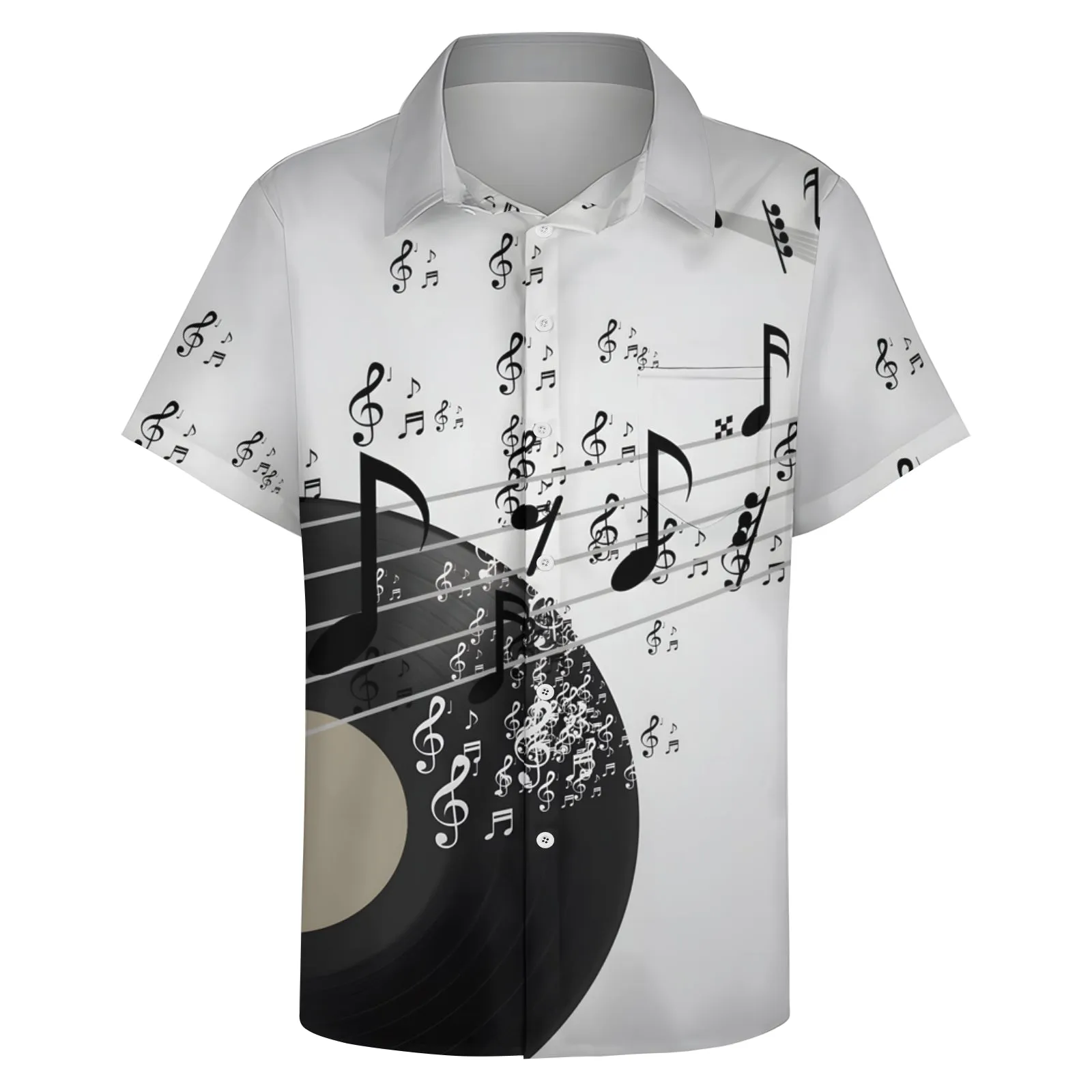 Musical Notes Vinyl Record Print Casual Short Sleeve Shirt 2404000648