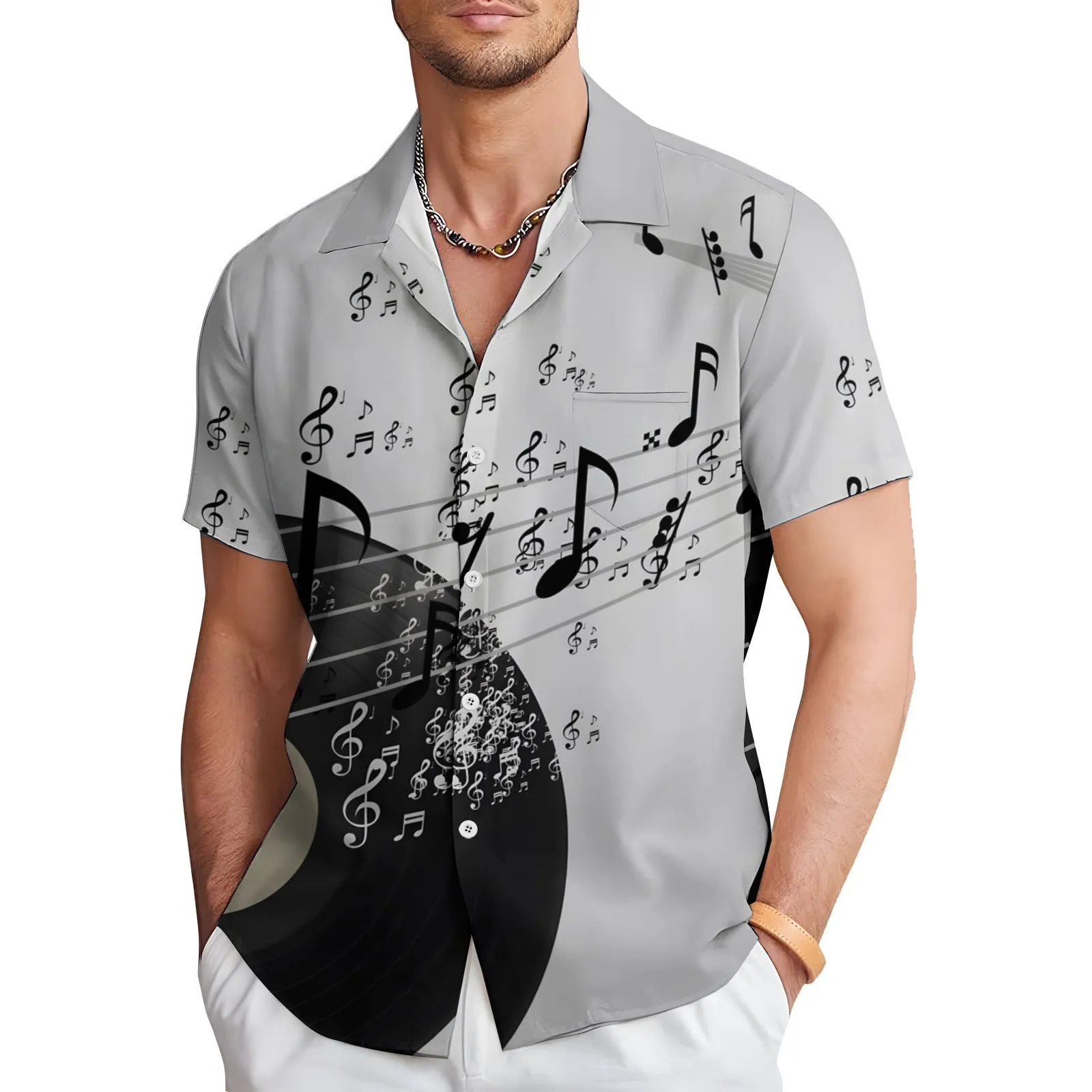 Musical Notes Vinyl Record Print Casual Short Sleeve Shirt 2404000648