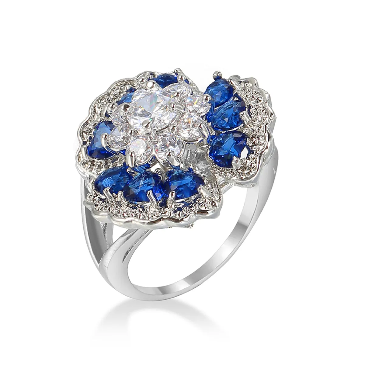 Navy Crystal & Cubic Zirconia Flower Petal Ring