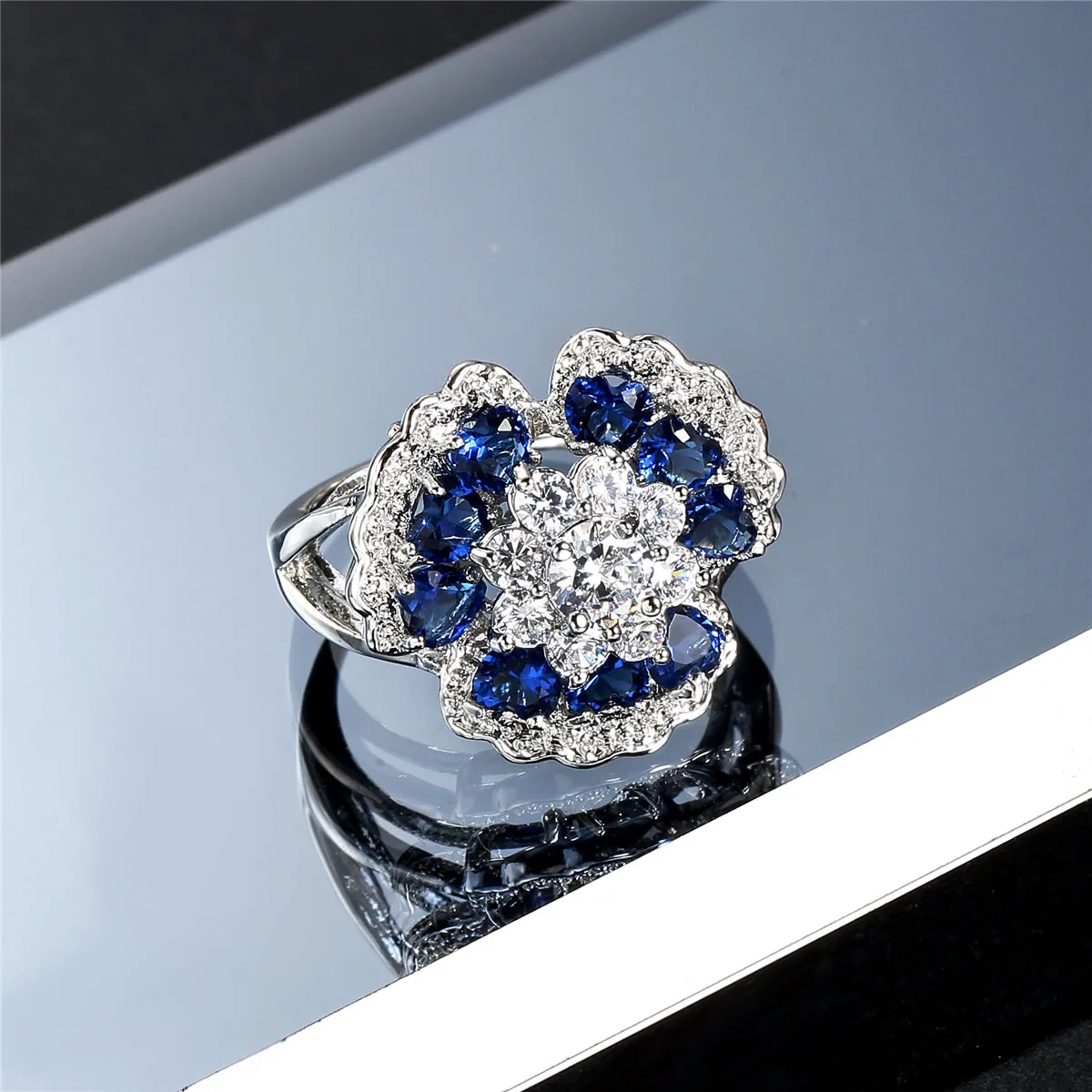 Navy Crystal & Cubic Zirconia Flower Petal Ring