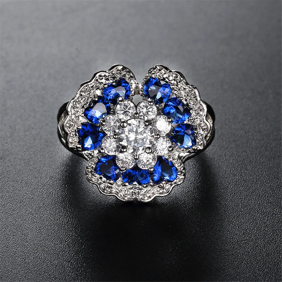 Navy Crystal & Cubic Zirconia Flower Petal Ring