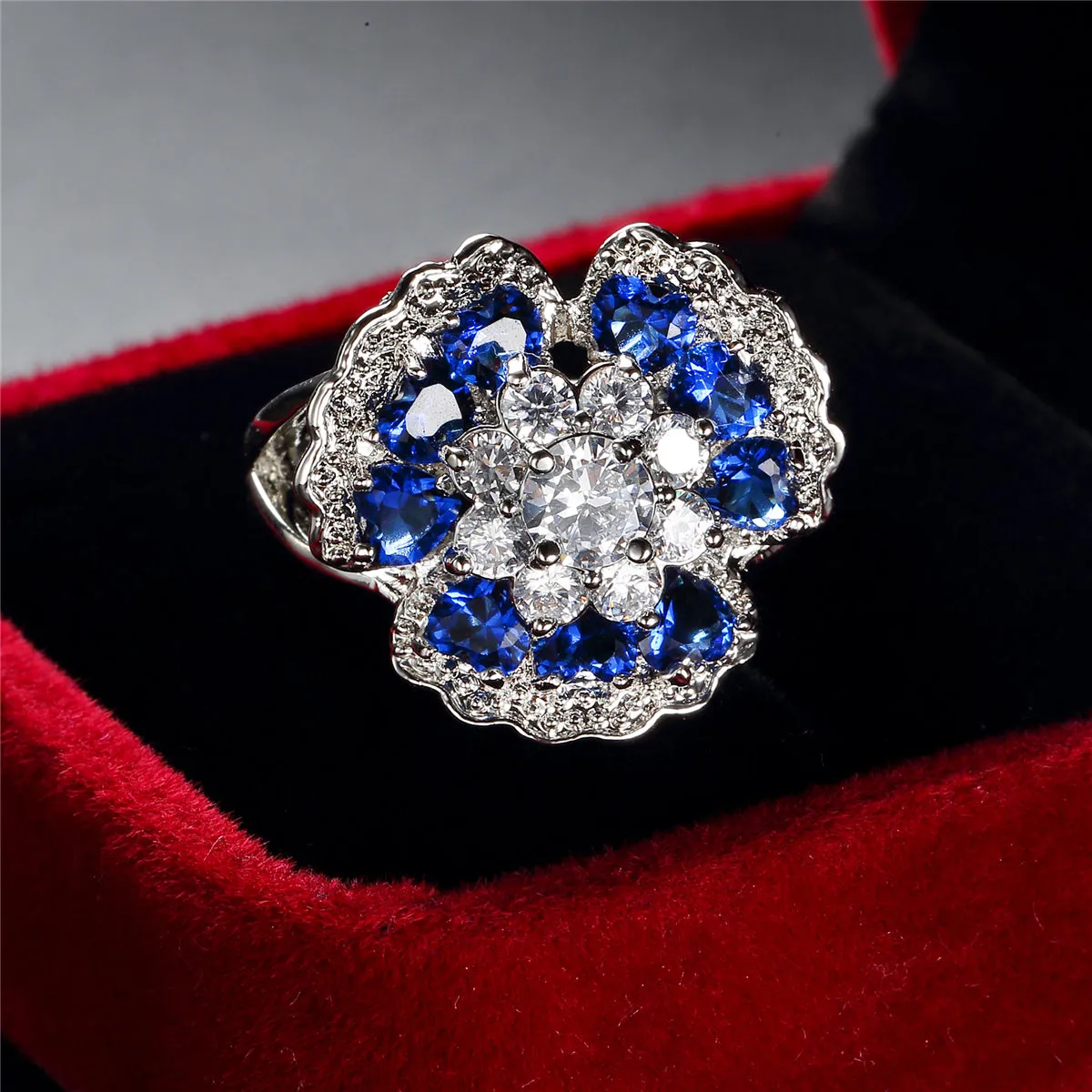 Navy Crystal & Cubic Zirconia Flower Petal Ring