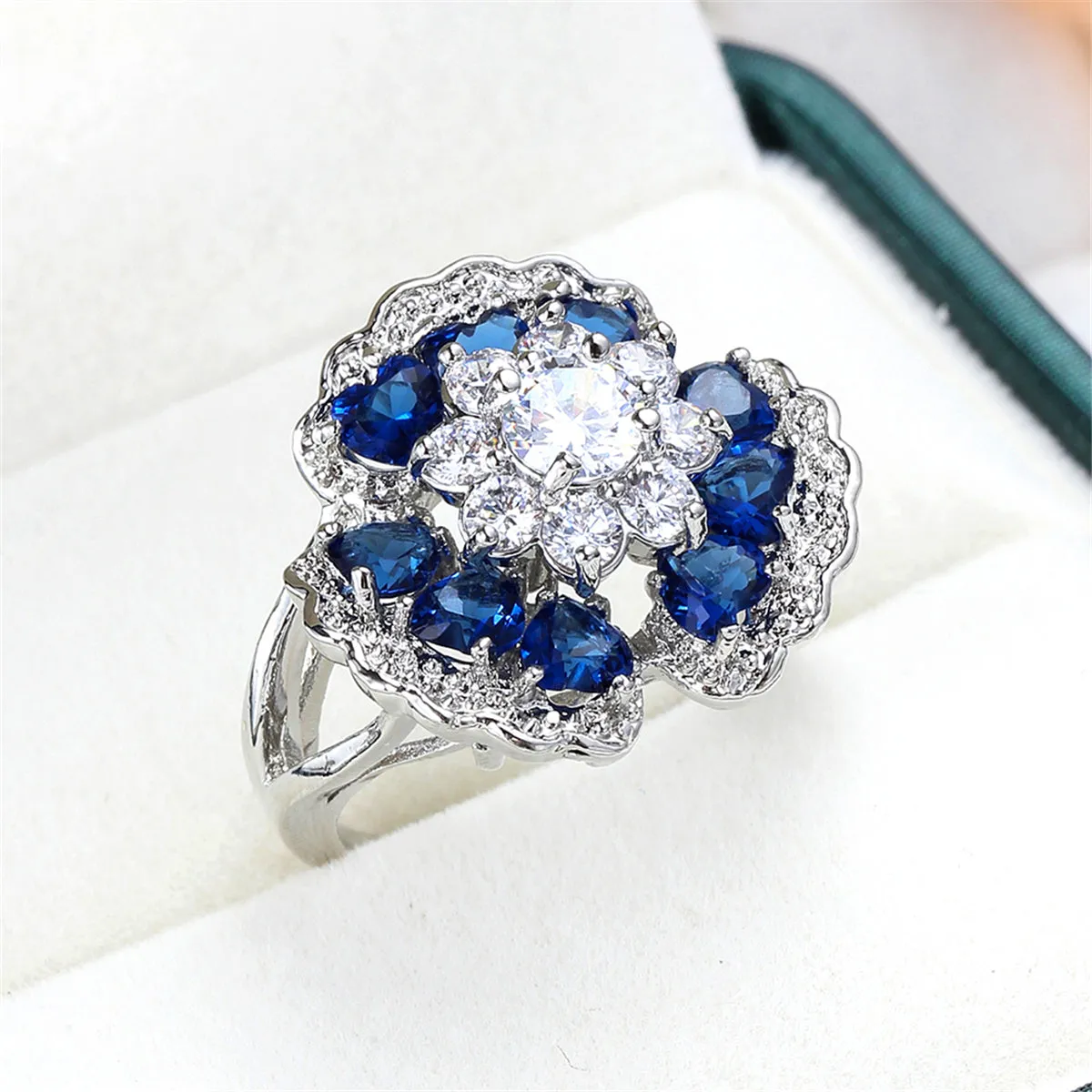 Navy Crystal & Cubic Zirconia Flower Petal Ring