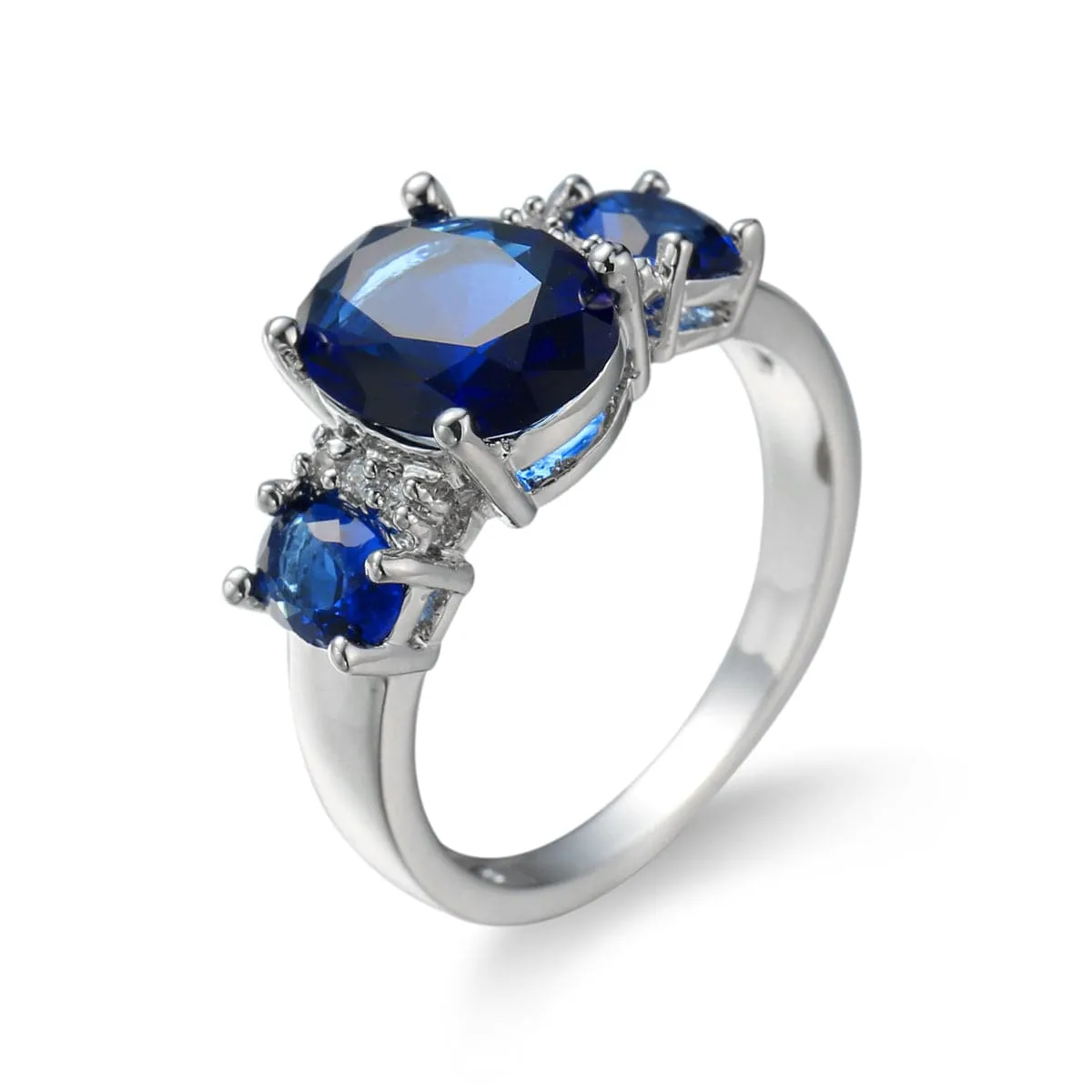 Navy Crystal & Silver-Plated Triple Oval Ring